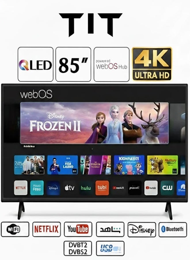 تي اي تي تلفزيون TIT الذكي فائق الوضوح 4K بتقنية QLED وWebOS مقاس 85 بوصة، مزود بتقنية Wi-Fi مدمجة، اللون: أسود | T85W525 - Image 1